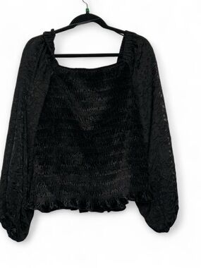 NWT Calligraphie Off-the-Shoulder Black Smocked Blouse Sheer Balloon Sleeves XL